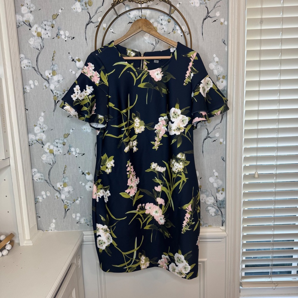 Tommy Hilfiger Navy Floral Scuba Sheath Dress Flutter Sleeve Size 14
